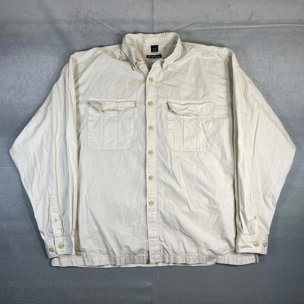 Simms Button Up Shirt Mens XL Beige Fly Fishing Long Sleeve Pockets Cotton